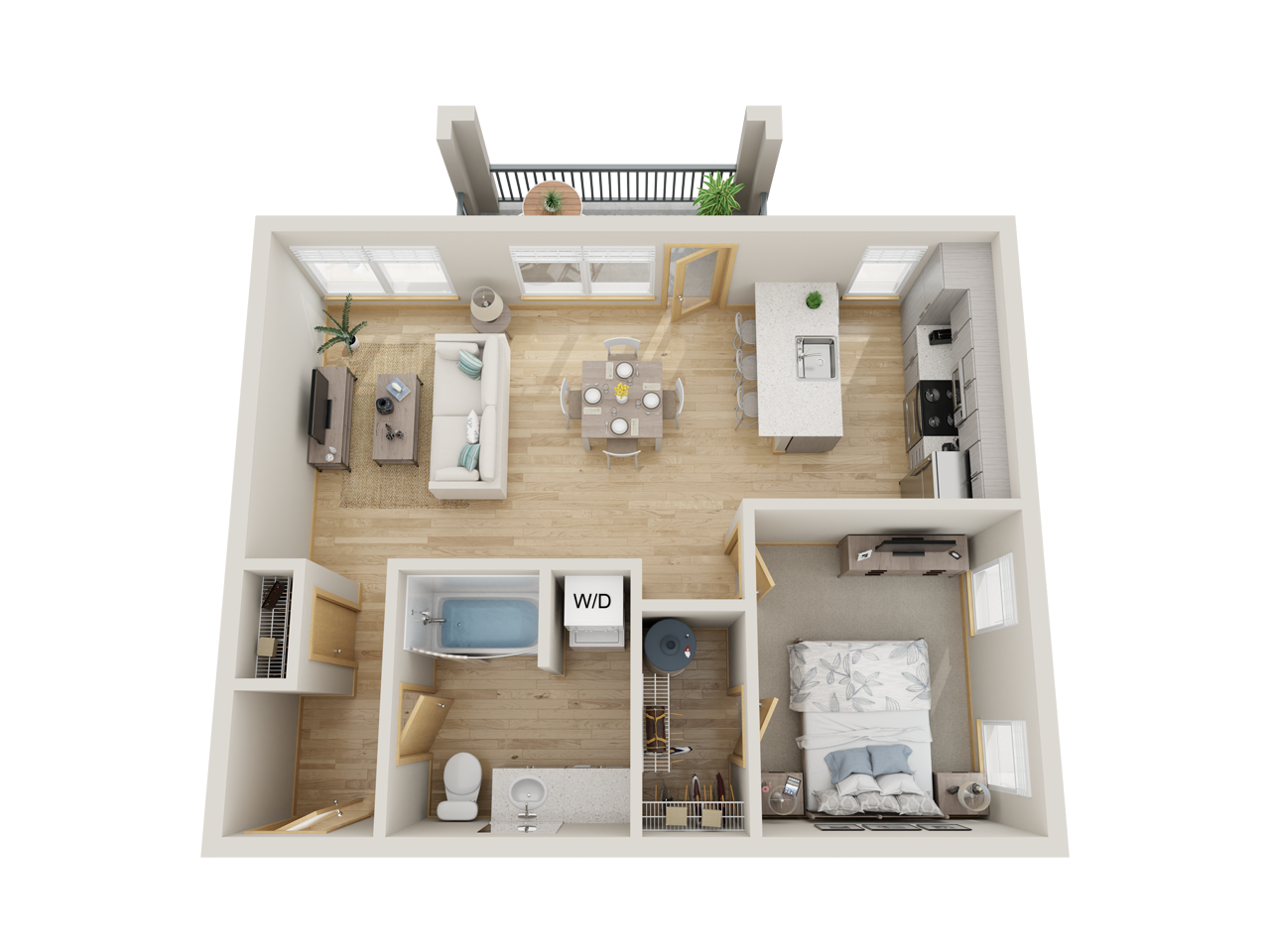 Floor plan for 1 bed, 1 bath, 733 sqft